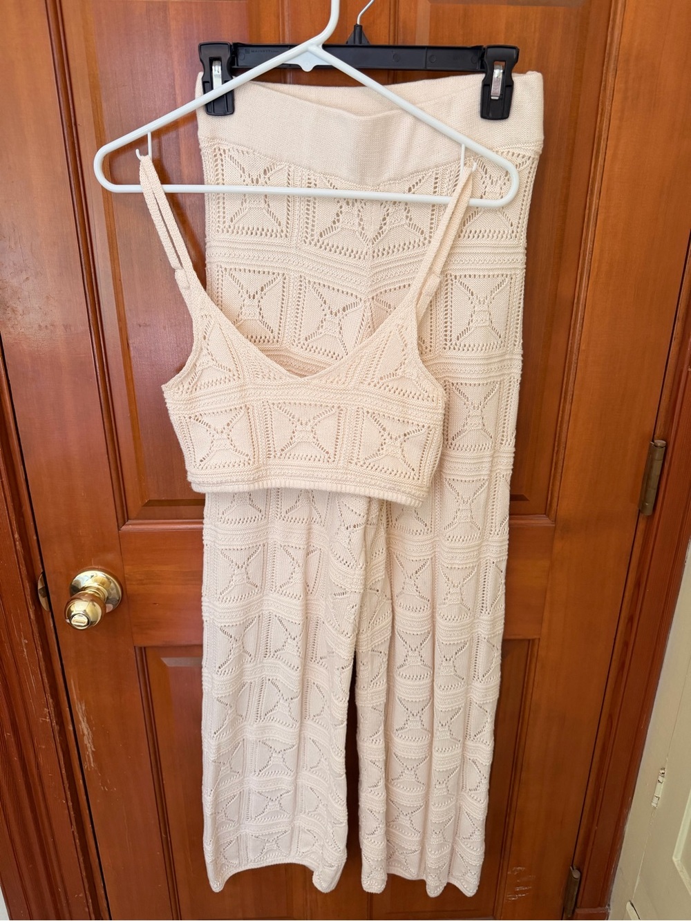 Cream Crochet Wide-Leg Pants & Crop Top Set